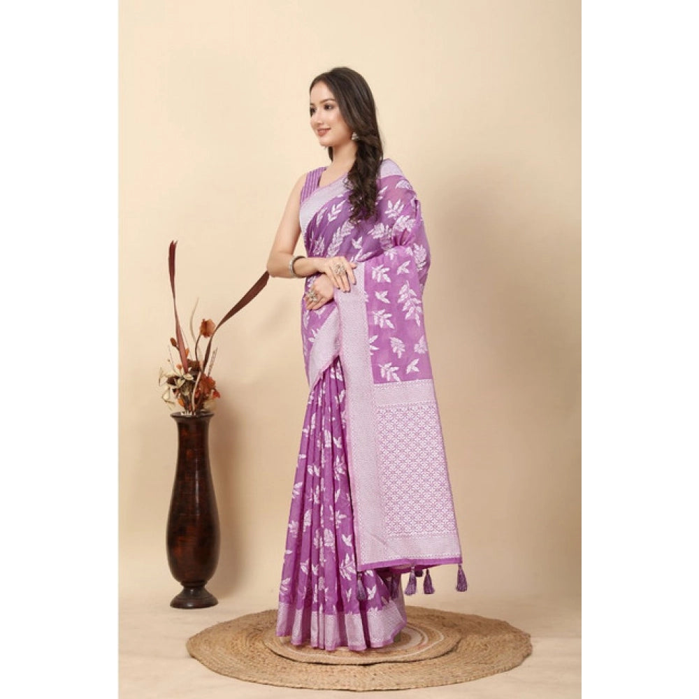 Purple art silk jacquard printed saree with unstitched blouse, 5.5Mtr - vibrant handcrafted traditional Indian attire