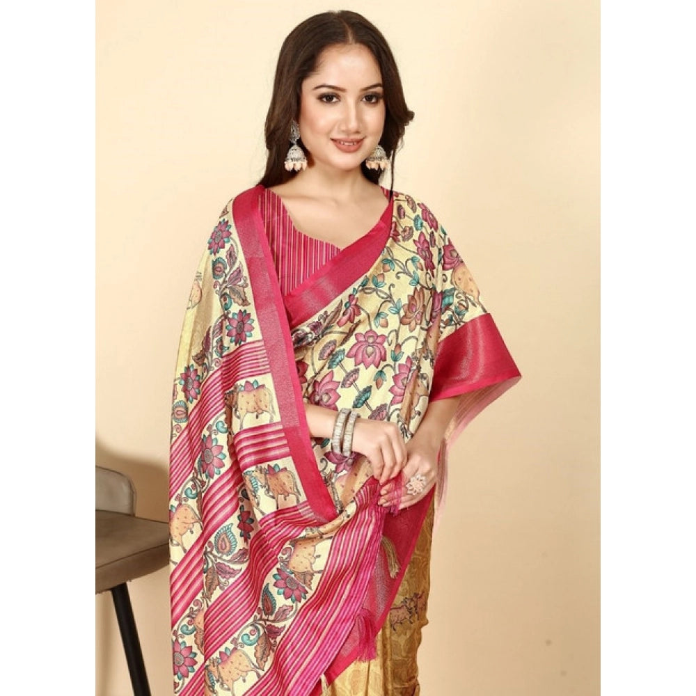 Yellow-red printed cotton silk saree with unstitched blouse, vibrant Indian fashion accessory