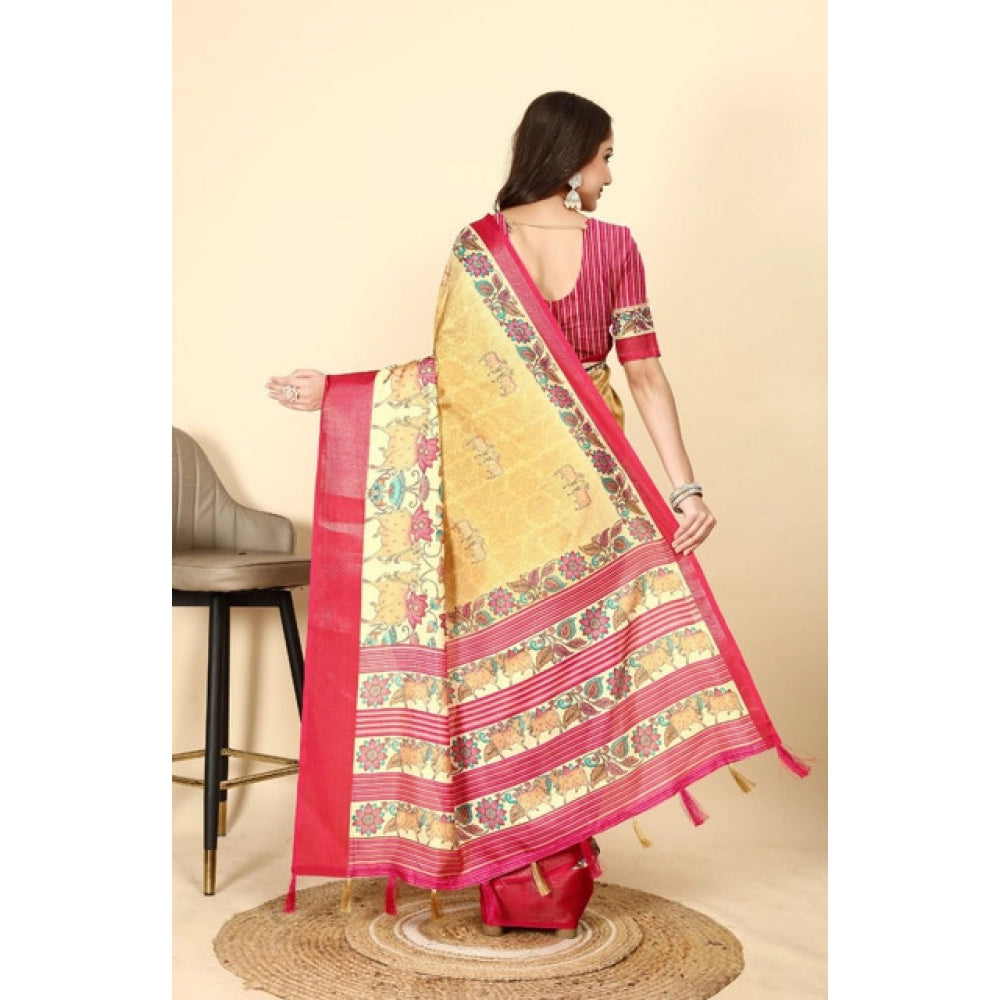 Yellow-Red printed cotton silk saree with unstitched blouse (5.5mtr), women's ethnic wear on mannequin