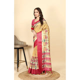 Yellow red cotton silk printed saree with unstitched blouse, vibrant Indian traditional wear