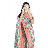 Multicolor cotton silk floral printed saree with unstitched blouse, vibrant Indian women's attire on mannequin