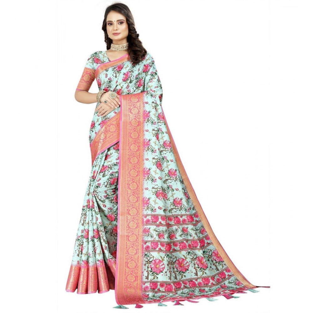 Multicolor floral printed cotton silk saree with unstitched blouse, 5.5mtr length