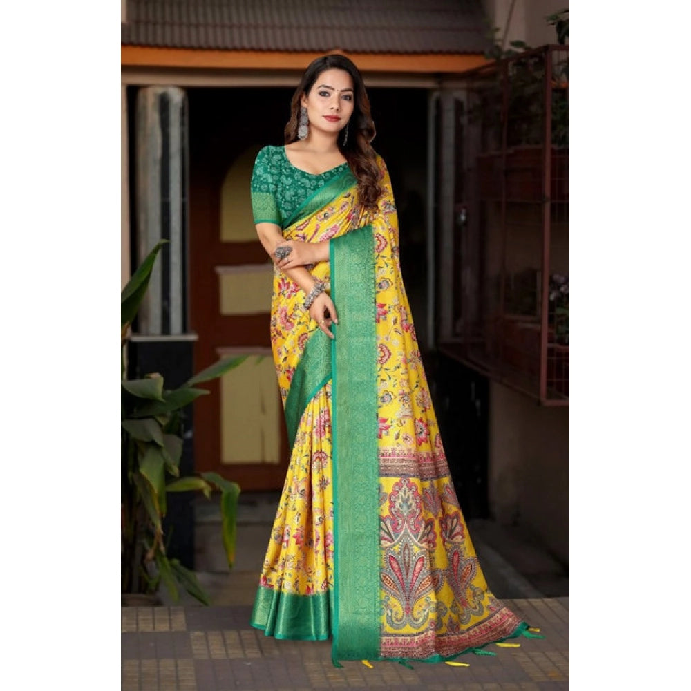 Yellow-green floral printed cotton silk saree with unstitched blouse (5.5Mtr), traditional Indian wear on mannequin
