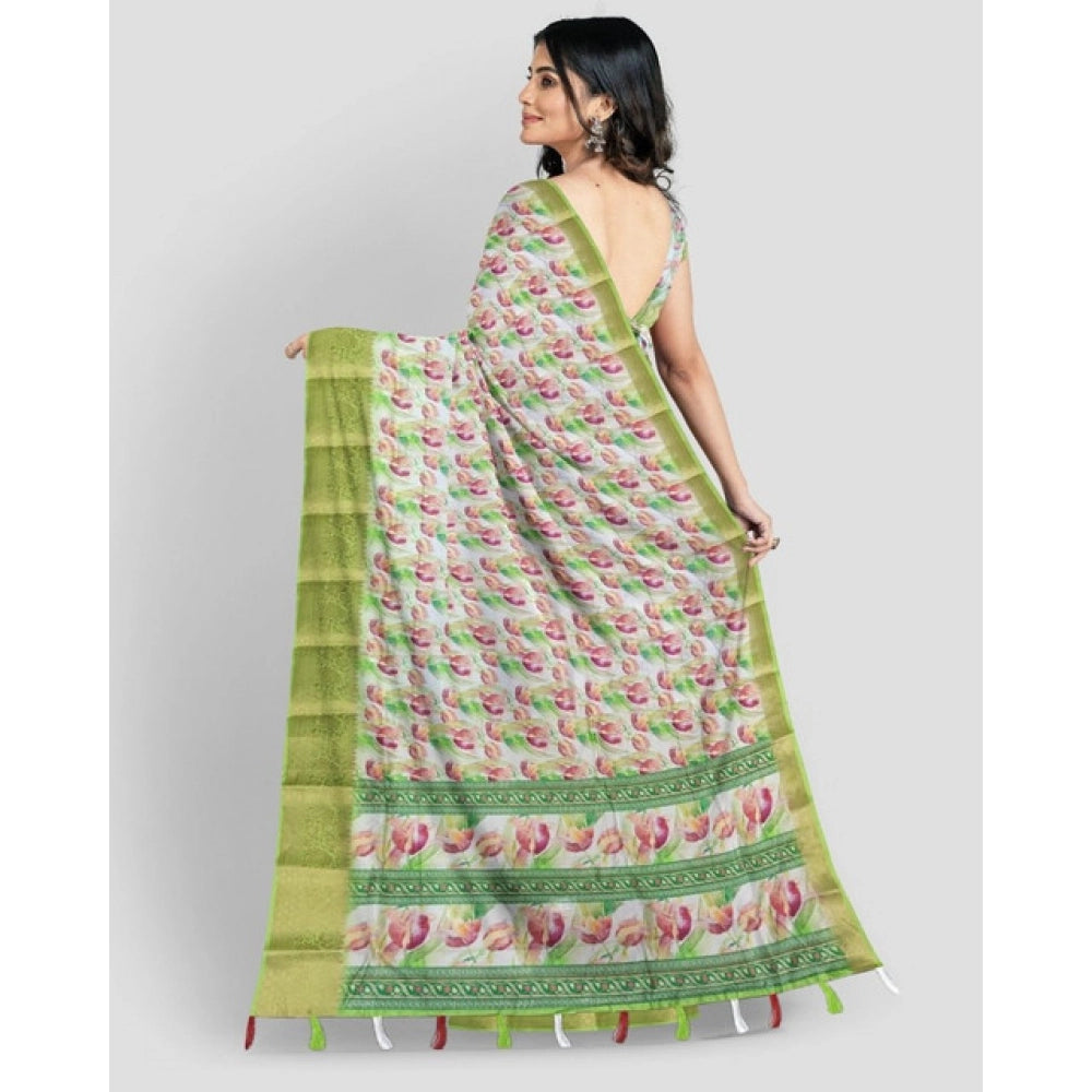 Green-white cotton blend floral printed saree with unstitched blouse (5.5mtr), women's traditional Indian wear