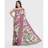 Pink cotton blend floral printed saree with unstitched blouse, 5.5mtr length