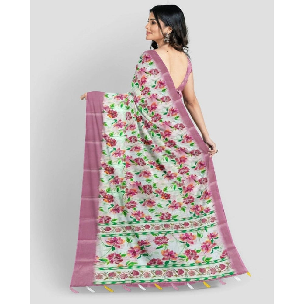 Pink cotton blend floral printed saree with unstitched blouse, 5.5Mtr length on model for reference