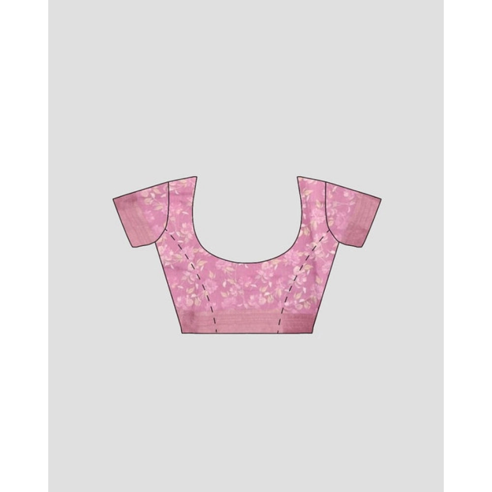 Women's pink cotton blend floral printed saree with unstitched blouse, 5.5Mtr - vibrant Indian fashion piece on mannequin