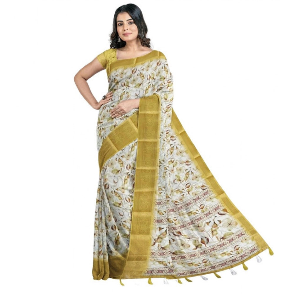 Mustard cotton blend floral printed saree with unstitched blouse (5.5Mtr), traditional Indian women's fashion accessory