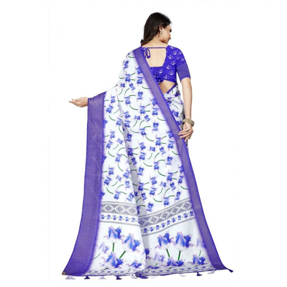 Blue cotton silk floral printed saree with unstitched blouse (5.5Mtr)