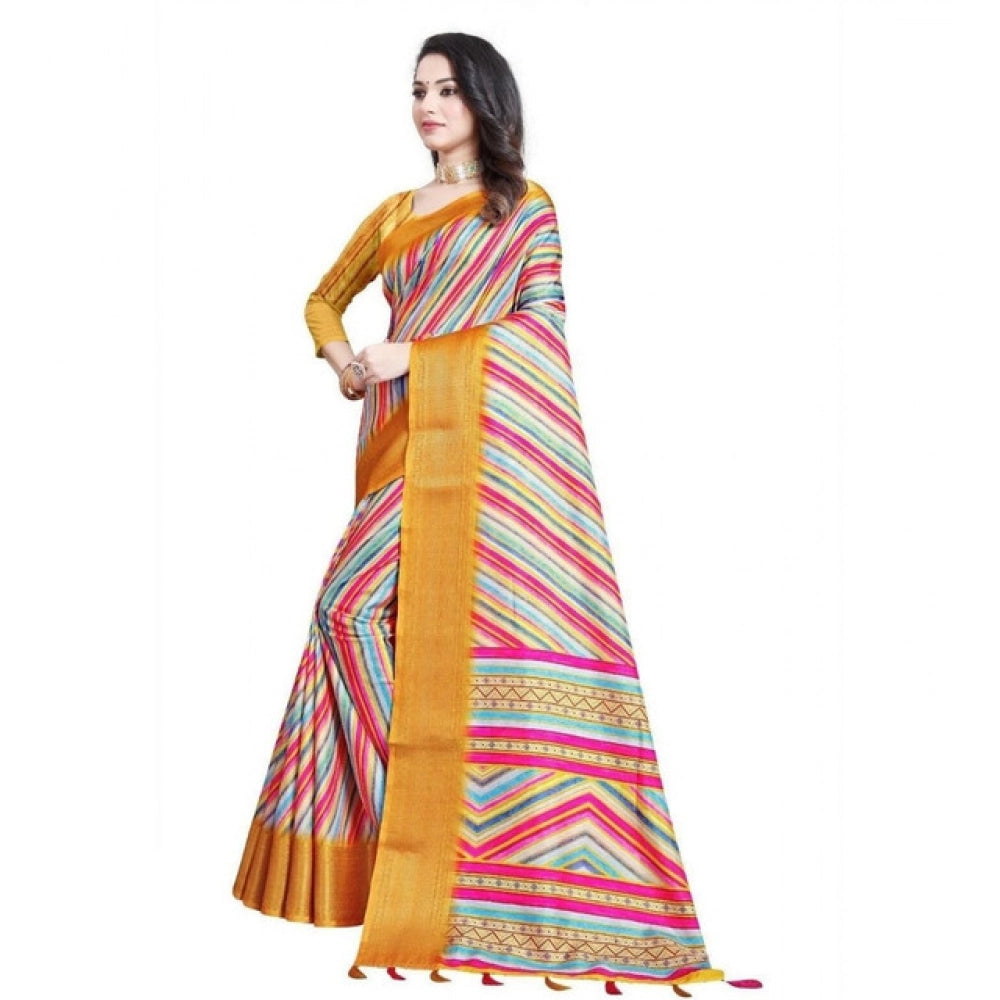 Multi-colored striped cotton silk saree with unstitched blouse, 5.5Mtr length on mannequin
