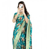 Turquoise cotton silk floral printed saree with unstitched blouse, vibrant floral pattern on 5.5mtr fabric