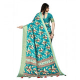 Turquoise cotton silk floral printed saree with unstitched blouse, vibrant floral pattern on traditional Indian wear for women (5.5Mtr)