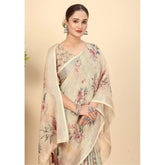 Cream cotton silk floral printed saree with unstitched blouse (5.5Mtr), women's traditional Indian wear