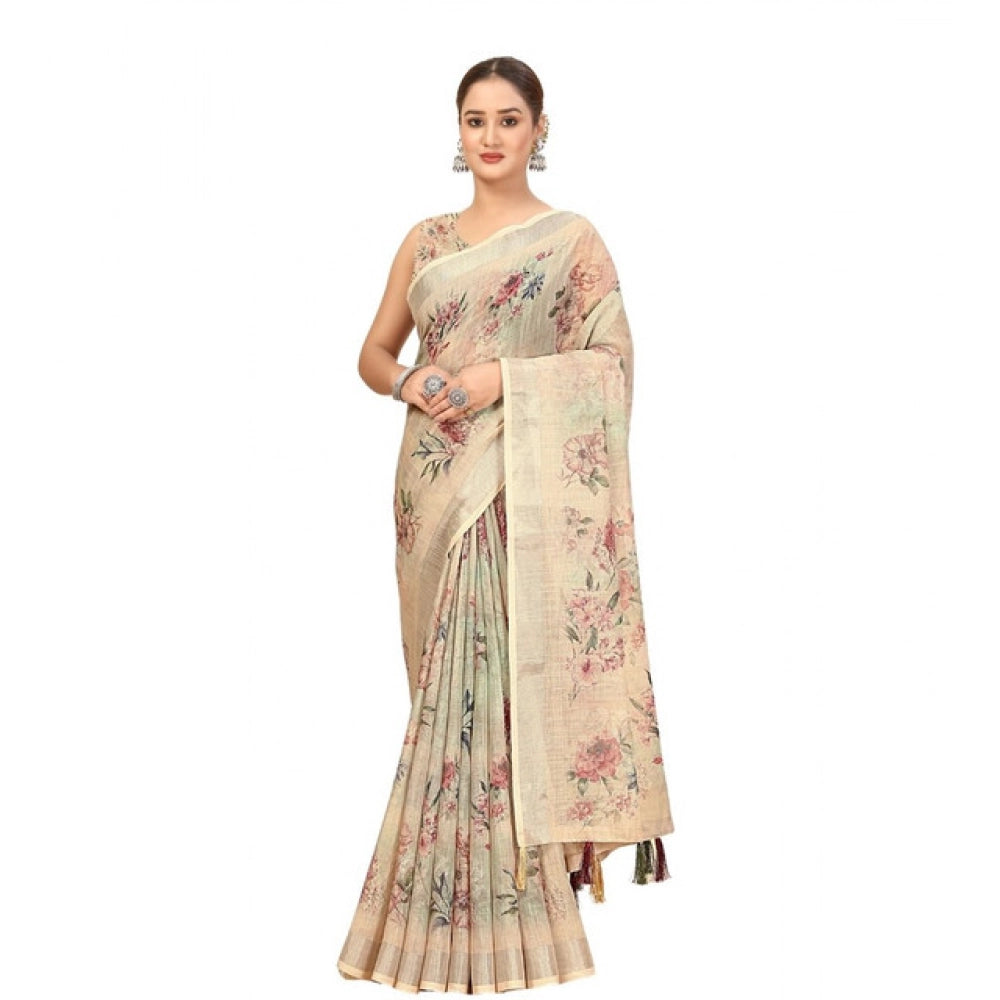 Cream cotton silk floral printed saree with unstitched blouse (5.5mtr), women's ethnic wear accessory