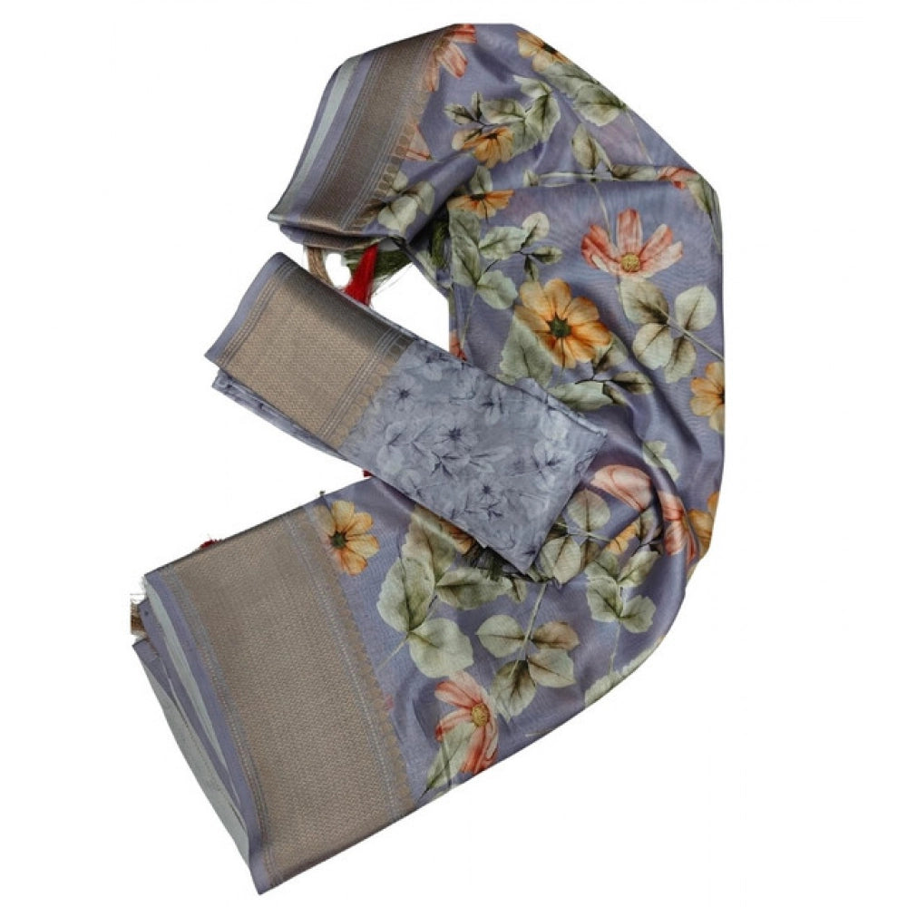 Grey cotton silk floral printed saree with unstitched blouse (5.5Mtr)