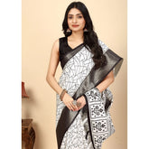 White-black cotton silk printed saree with unstitched blouse (5.5Mtr) on mannequin