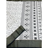 White-black cotton silk printed saree with unstitched blouse, 5.5Mtr length on mannequin