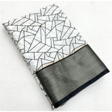 Women's cotton silk printed saree with unstitched blouse (white-black), high-quality traditional Indian attire