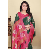 Green cotton blend floral printed saree with unstitched blouse (5.5mtr)