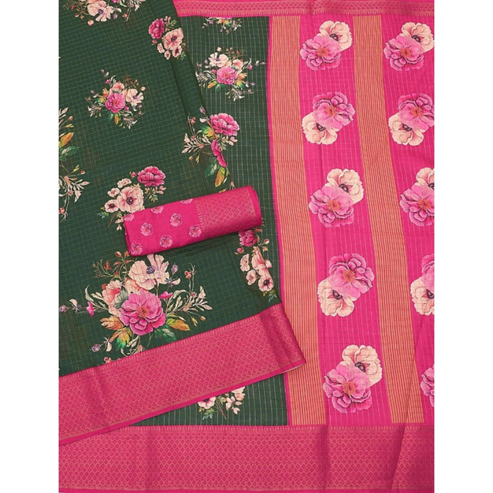 Green cotton blend floral printed saree with unstitched blouse, vibrant floral patterns on 5.5mtr length