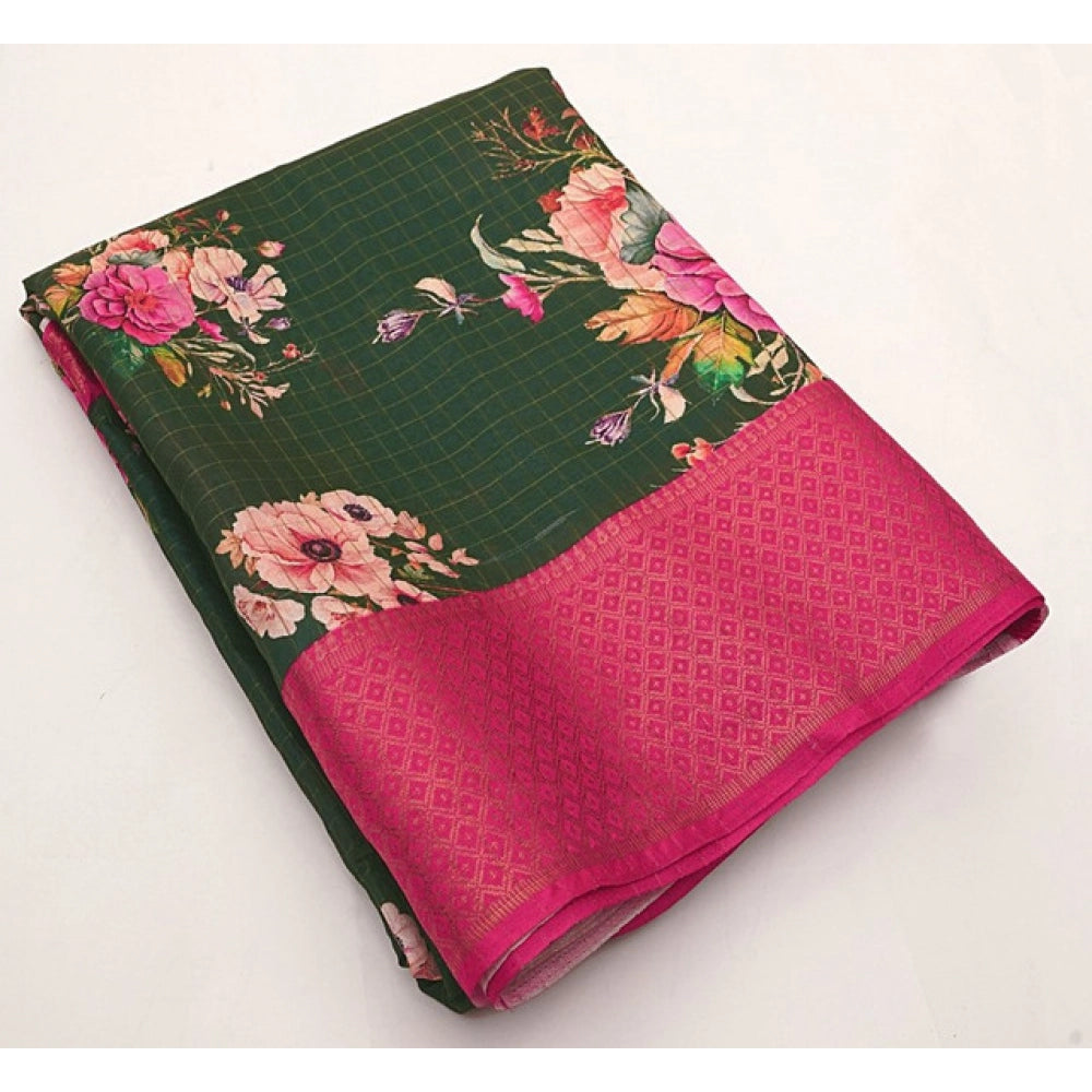 Green cotton blend floral printed saree with unstitched blouse (5.5mtr)