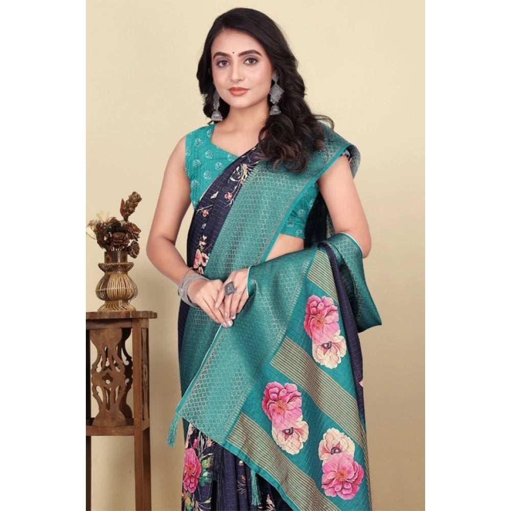 Navy blue cotton blend floral printed saree with unstitched blouse (5.5Mtr)