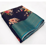 Navy blue cotton blend floral printed saree with unstitched blouse (5.5mtr), vibrant floral detailing on traditional Indian wear