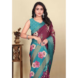 Maroon cotton blend floral printed saree with unstitched blouse, 5.5Mtr, traditional Indian wear