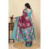 Maroon cotton blend floral printed saree with unstitched blouse, vibrant floral design on 5.5mtr fabric