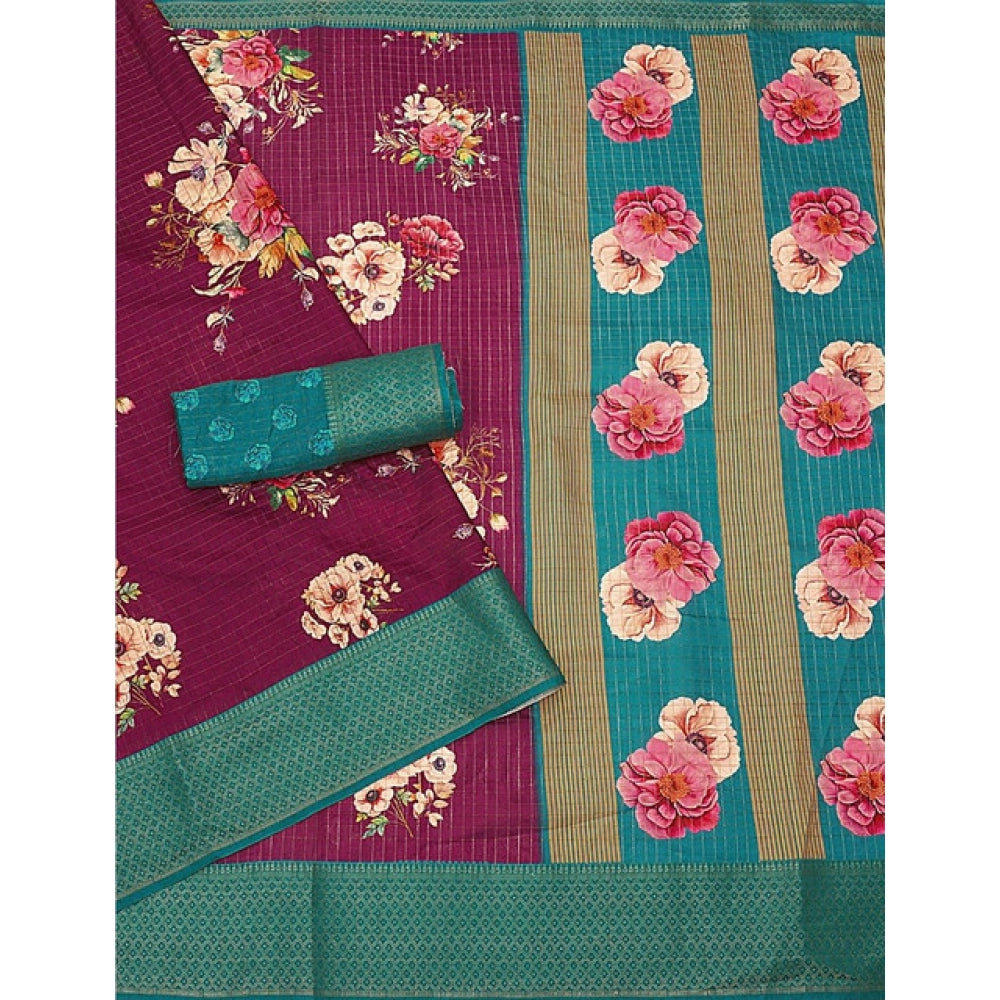 Maroon cotton blend floral printed saree with unstitched blouse, 5.5mtr