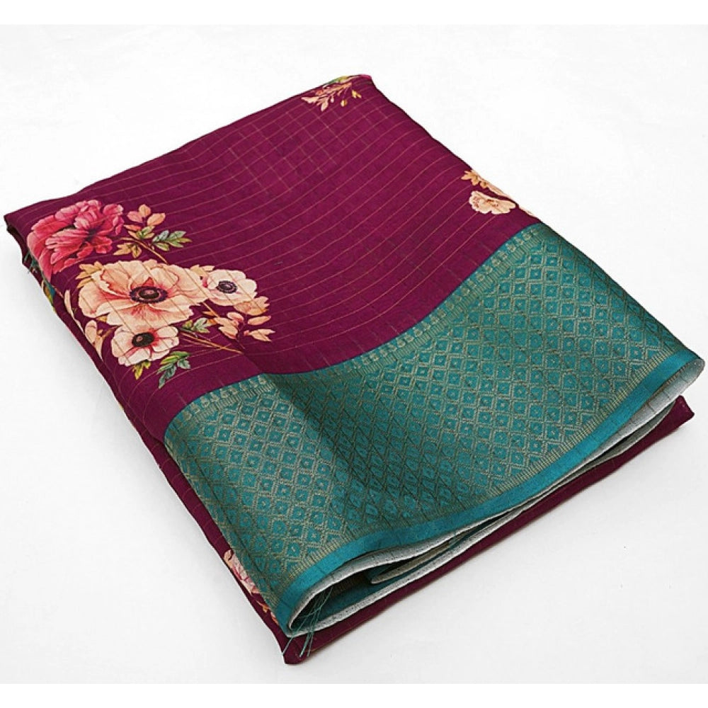 Maroon cotton blend floral printed saree with unstitched blouse (5.5Mtr) - women's traditional Indian wear