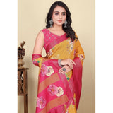 Yellow cotton blend floral printed saree with unstitched blouse, vibrant and detailed design for traditional Indian wear