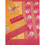Yellow cotton blend floral printed saree with unstitched blouse, 5.5Mtr