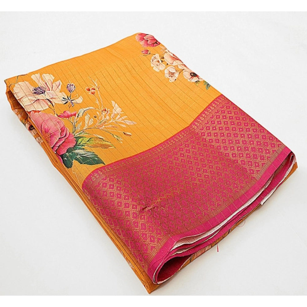 Yellow cotton blend floral printed saree with unstitched blouse, vibrant floral design for women's fashion