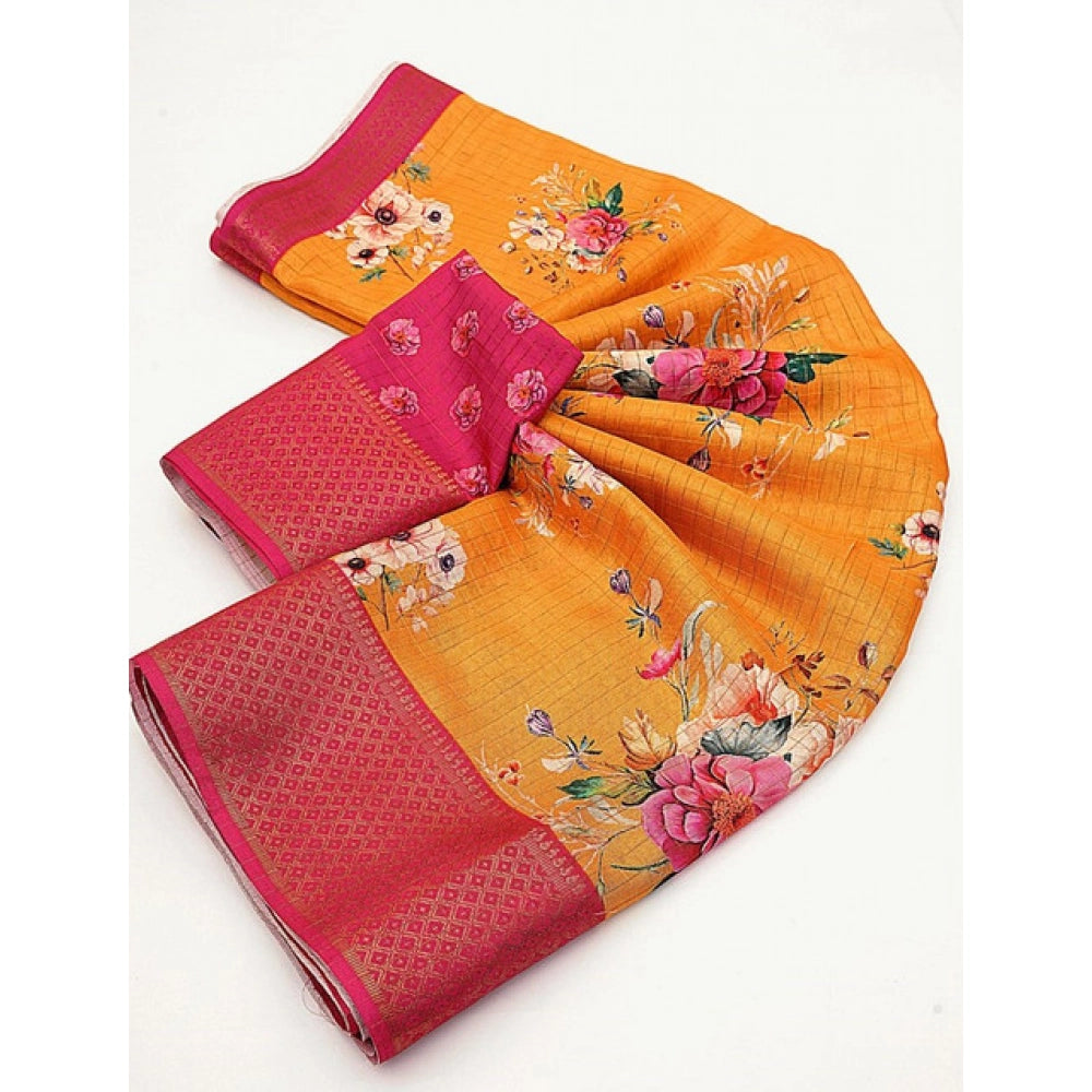 Yellow cotton blend floral printed saree with unstitched blouse, vibrant and stylish Indian women's fashion accessory