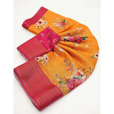 Yellow cotton blend floral printed saree with unstitched blouse, vibrant and stylish Indian women's fashion accessory