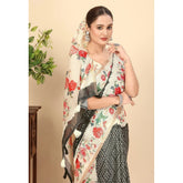 Black Chanderi floral printed saree with unstitched blouse (5.5mtr), traditional Indian wear on mannequin