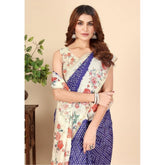 Blue cotton silk floral printed saree with unstitched blouse, 5.5Mtr length for women's traditional Indian wear