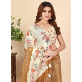 Brown cotton silk floral printed saree with unstitched blouse, vibrant floral design on a 5.5Mtr length for traditional Indian wear