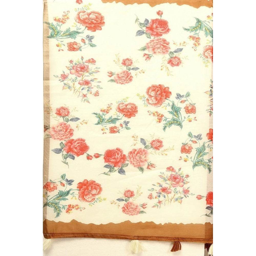 Brown cotton silk floral printed saree with unstitched blouse, 5.5mtr length (close-up)
