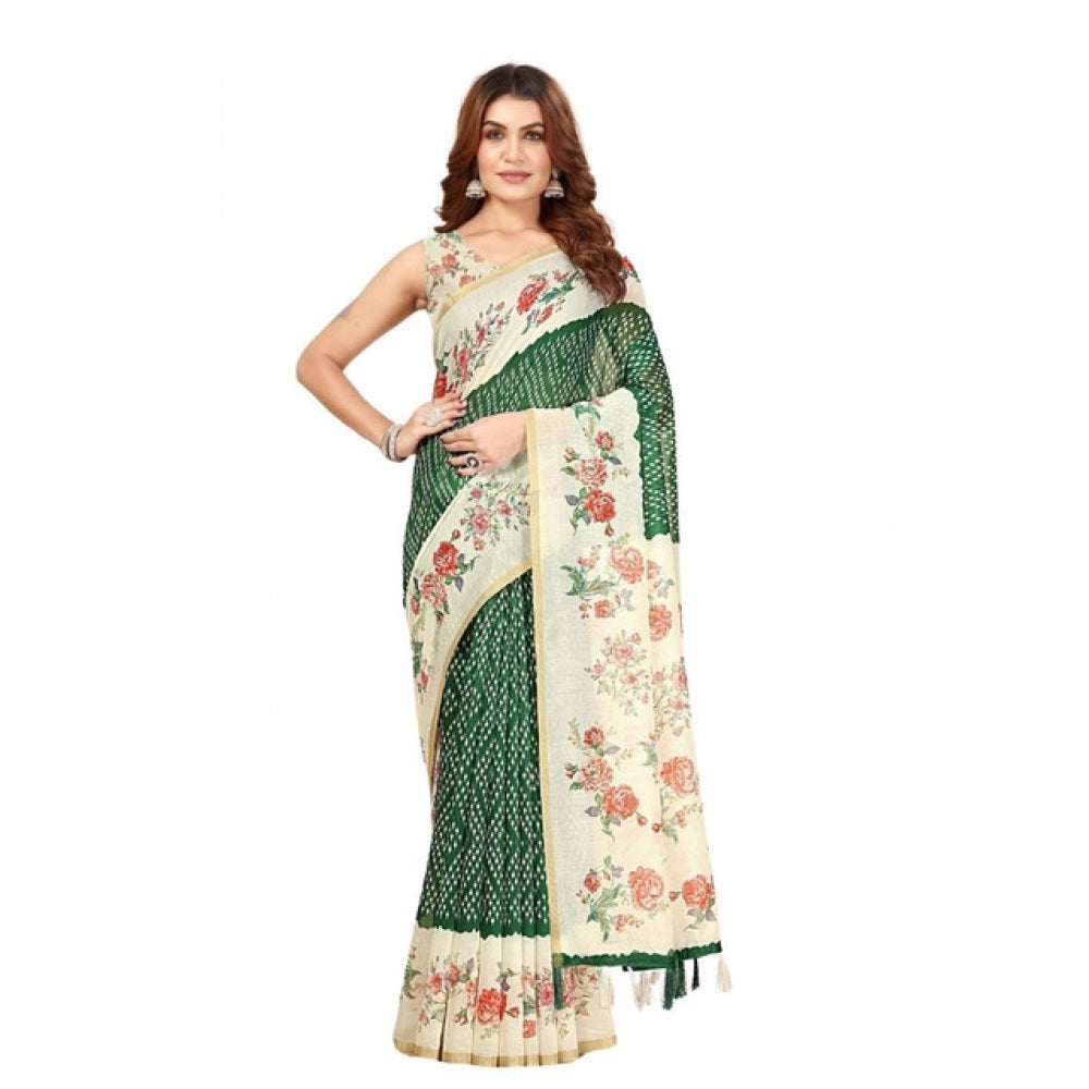 Green Chanderi floral printed saree with unstitched blouse (5.5mtr), traditional Indian fashion accessory