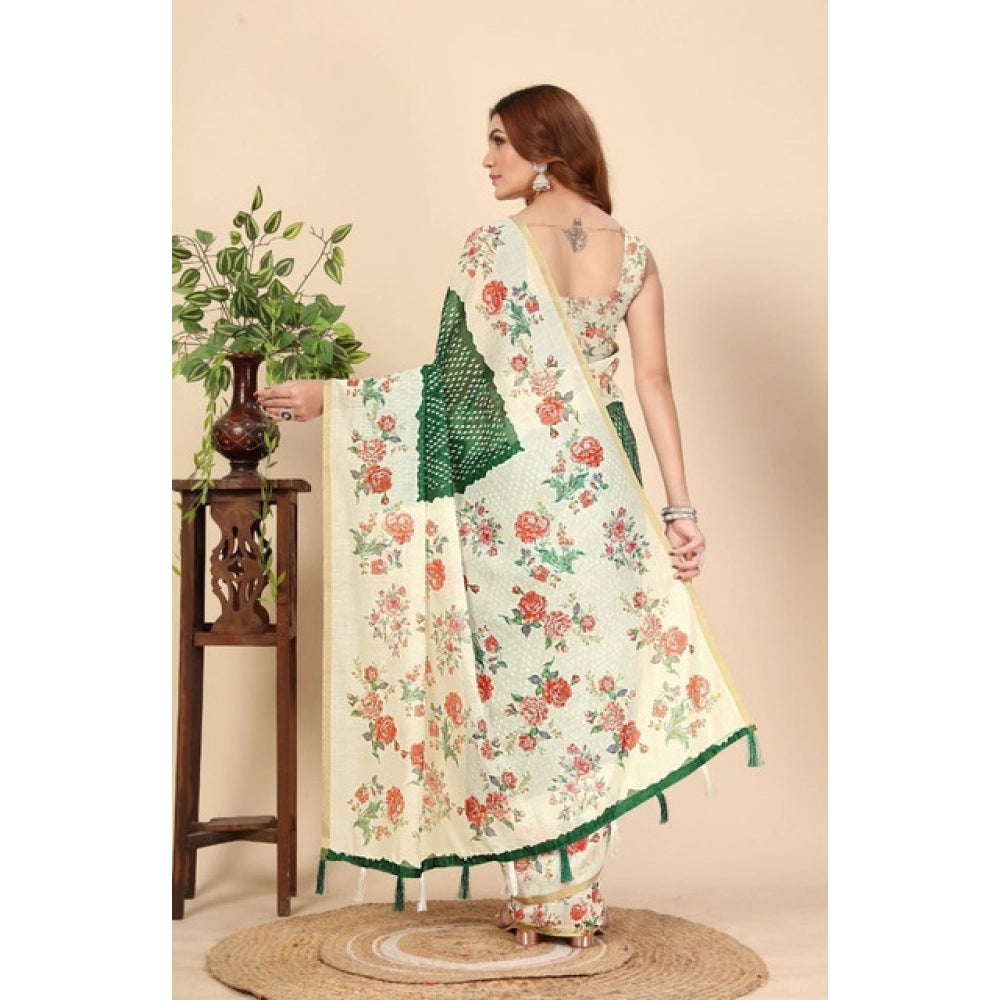Green Chanderi floral printed saree with unstitched blouse (5.5Mtr), traditional Indian wear on mannequin