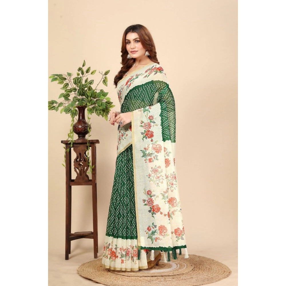 Green Chanderi floral printed saree with unstitched blouse, 5.5mtr length on mannequin