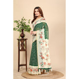 Green Chanderi floral printed saree with unstitched blouse, 5.5mtr length on mannequin