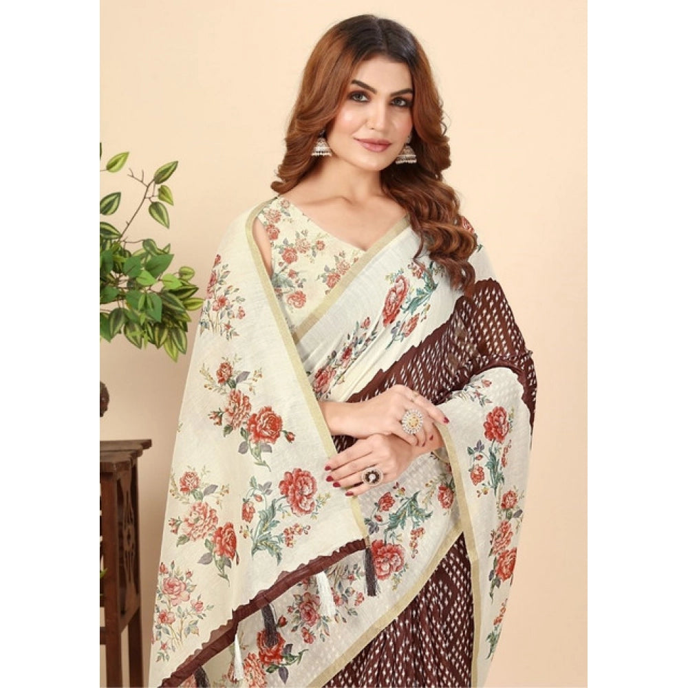 Maroon Chanderi floral printed saree with unstitched blouse (5.5mtr), traditional Indian attire on mannequin
