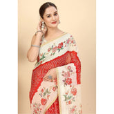 Red chanderi floral printed saree with unstitched blouse, 5.5Mtr length