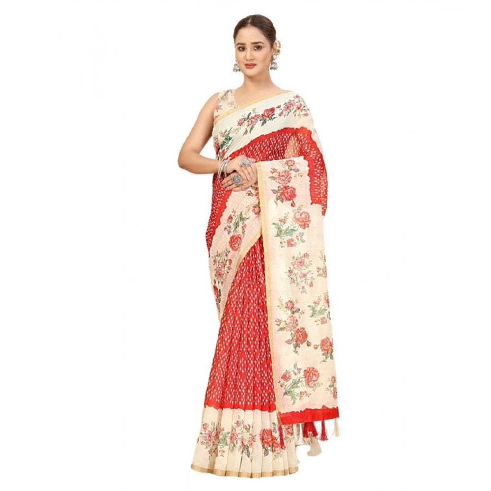 Red Chanderi floral printed saree with unstitched blouse (5.5mtr), traditional Indian women's wear