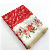 Red Chanderi floral printed saree with unstitched blouse (5.5Mtr), traditional Indian women's wear on mannequin