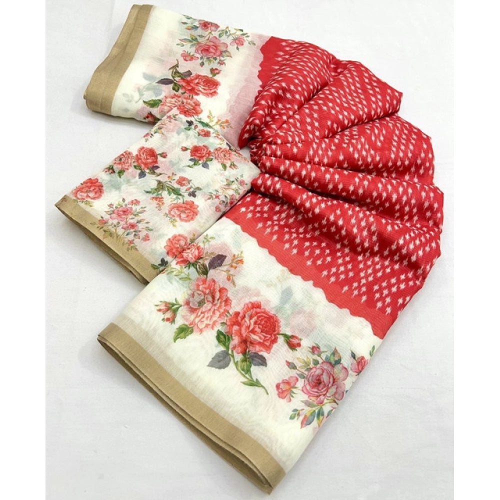 Red Chanderi floral printed saree with unstitched blouse (5.5Mtr), traditional Indian women's fashion