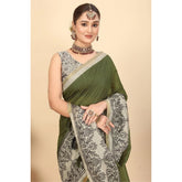 Green Chanderi printed saree with unstitched blouse (5.5Mtr), traditional Indian attire on display